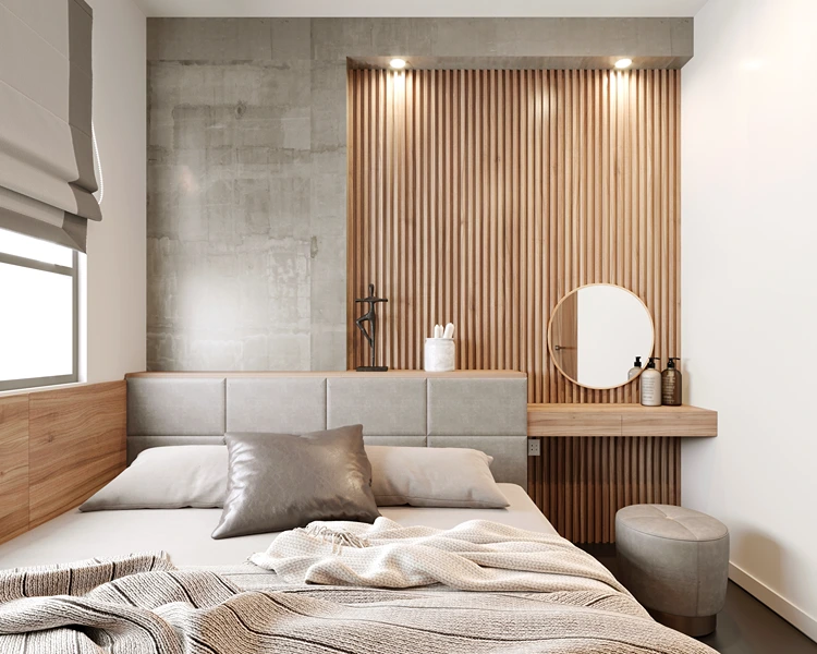 wandnische mit spiegel und holzlamellen trockenbauwand in betonoptik