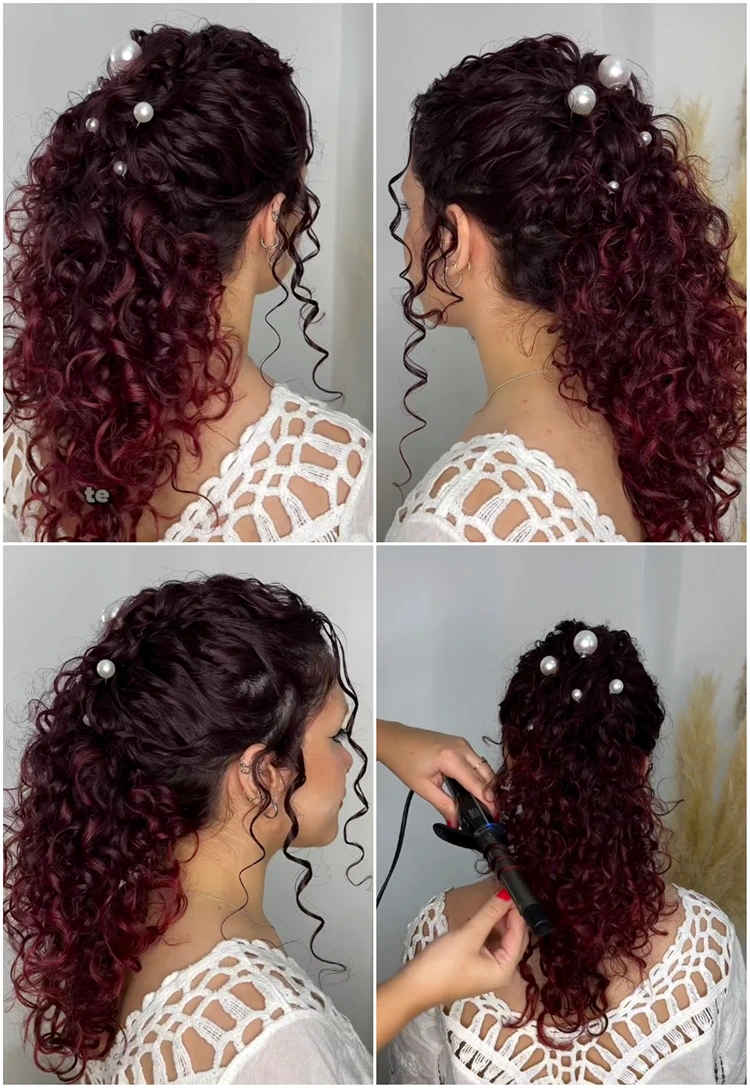 abendfrisur für naturlocken halboffen haare hinten gesteckt