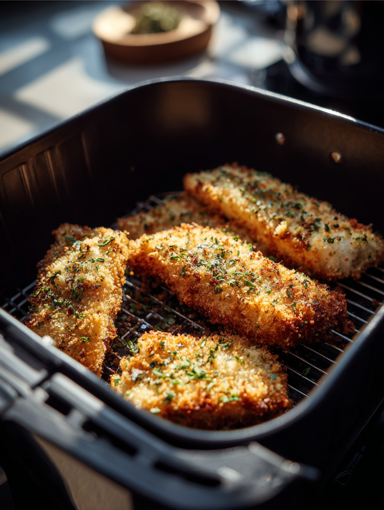 airfryer korb mit goldbraunen, knusprigen pangasiusfilets mit panko panade