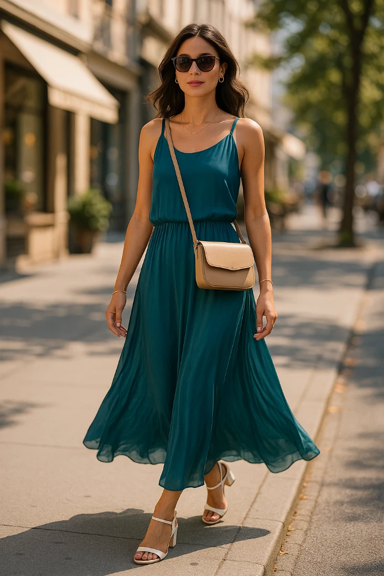frau mit fließendem petrolfarbenem sommerkleid und weißen sommersandalen