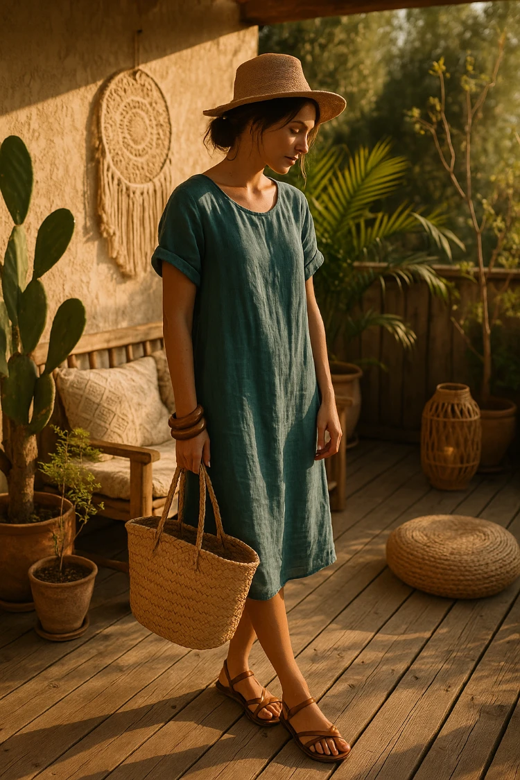 frau mit lässigem petrolfarbenem sommerkleid und braunen sandalen