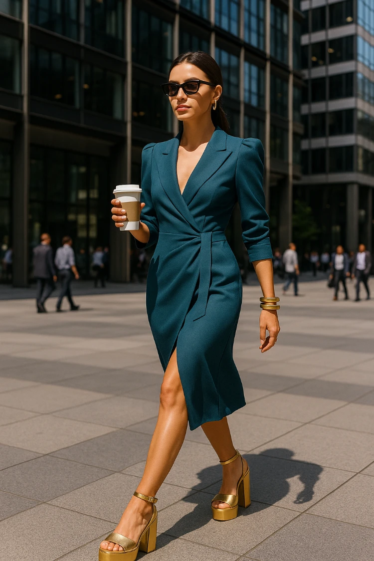 frau mit modischem petrolfarbenem kleid und goldenen sandalen bei einem spaziergang in der stadt