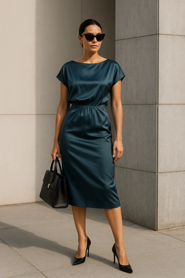 frau mit stilvollem petrolfarbenem kleid und schwarzen highheels