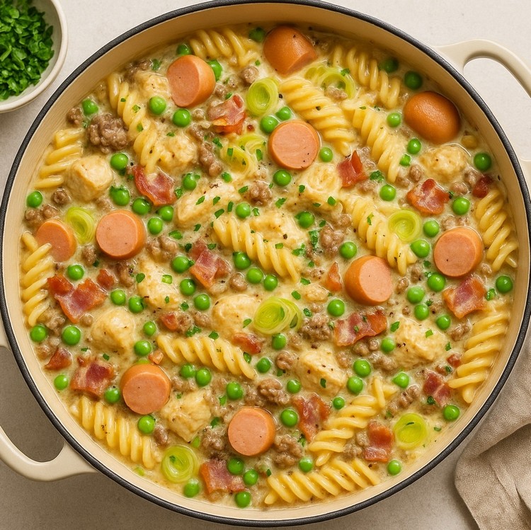 Friss-dich-dumm-Topf selber machen mit Nudeln, Würstchen und Frischkäse