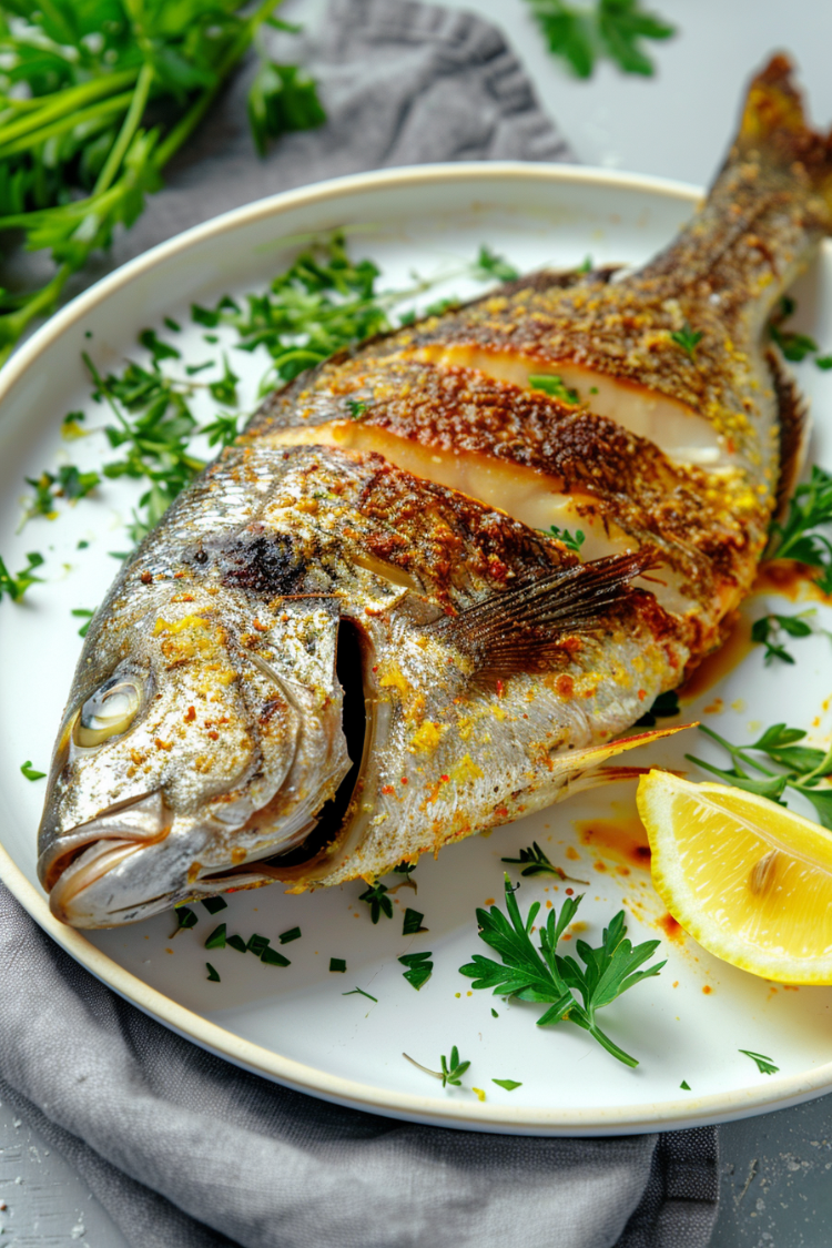 ganze dorade, im airfryer zubereitet und mit zitrone und kräutern serviert