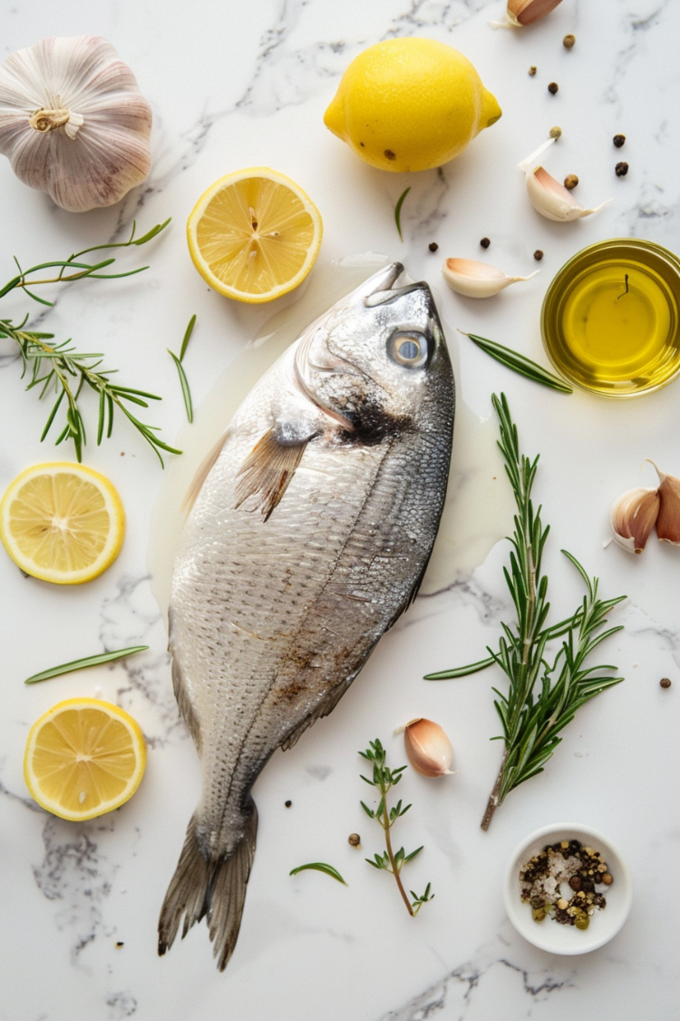 ganze rohe dorade, vorbereitet zum garen in der heißluftfritteuse