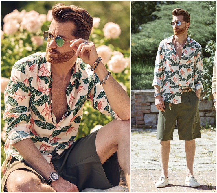 gemustertes hemd und khaki shorts mit weißen sneaker