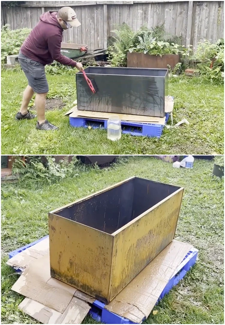 großer pflanzkübel zum rosten bringen mit salzsäure