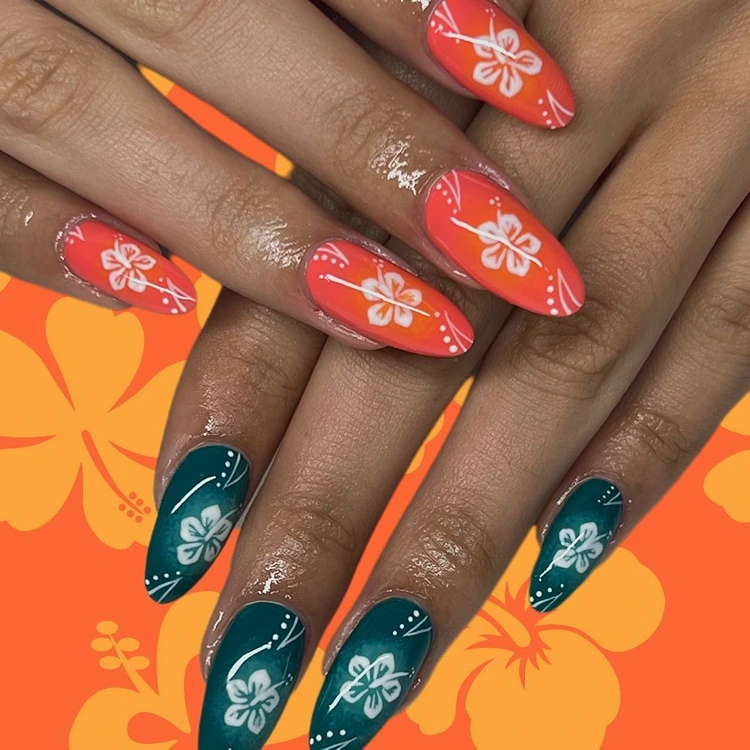 hibiskus nails in knalligem orange & dunkelgrün