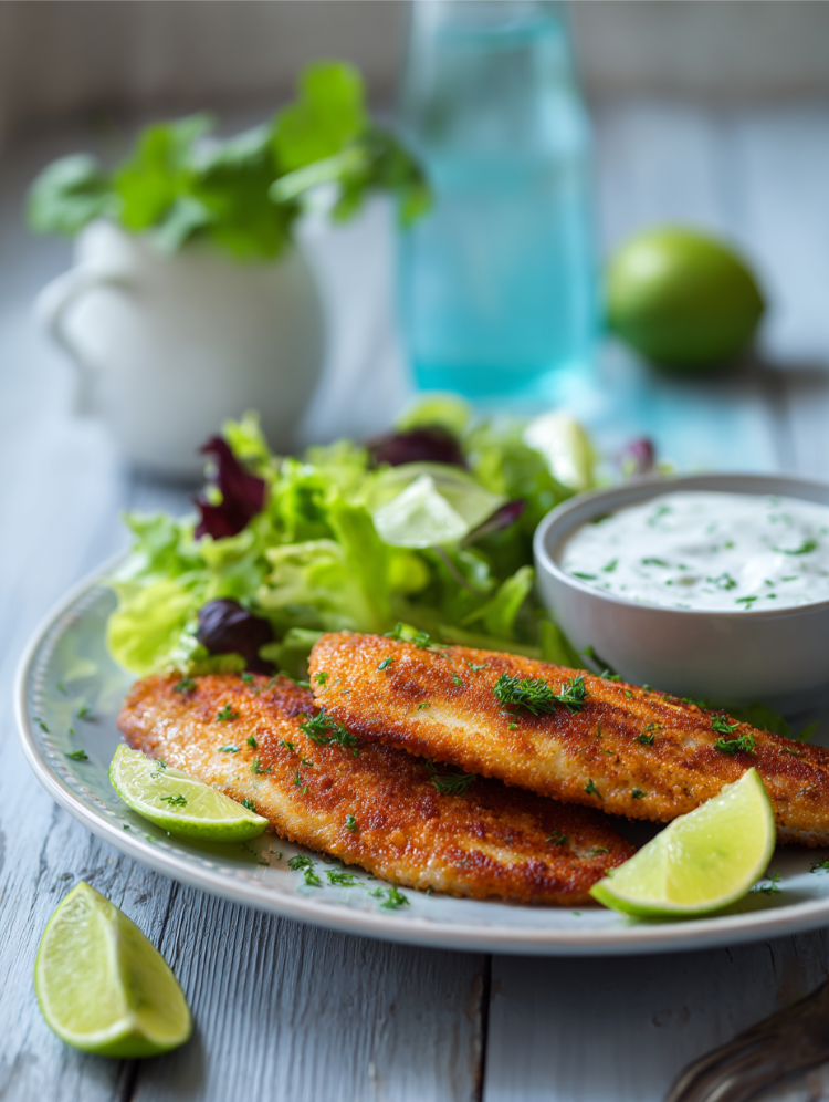 in der heißluftfritteuse zubereitetes pangasiusfilet mit limetten knoblauch dip und salat
