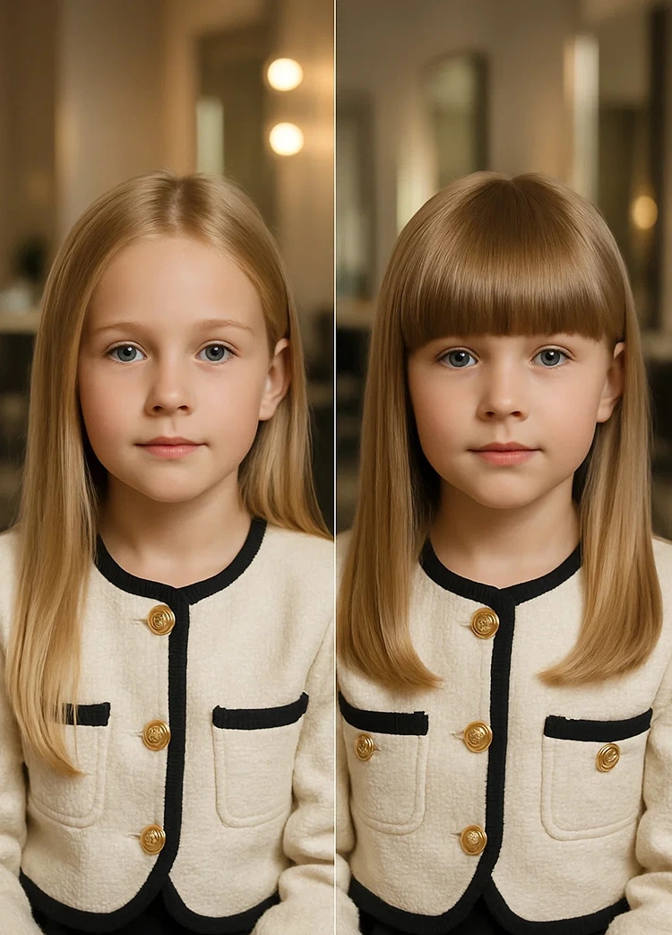 mädchen mit blonden glatten haaren vorher nachher foto ohne pony mit geradem pony