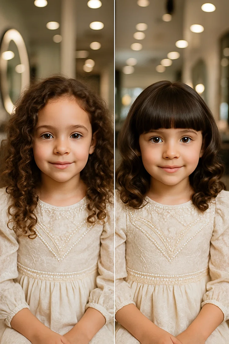 mädchen vorher nachher foto mit und ohne pony schwarze lockige haare