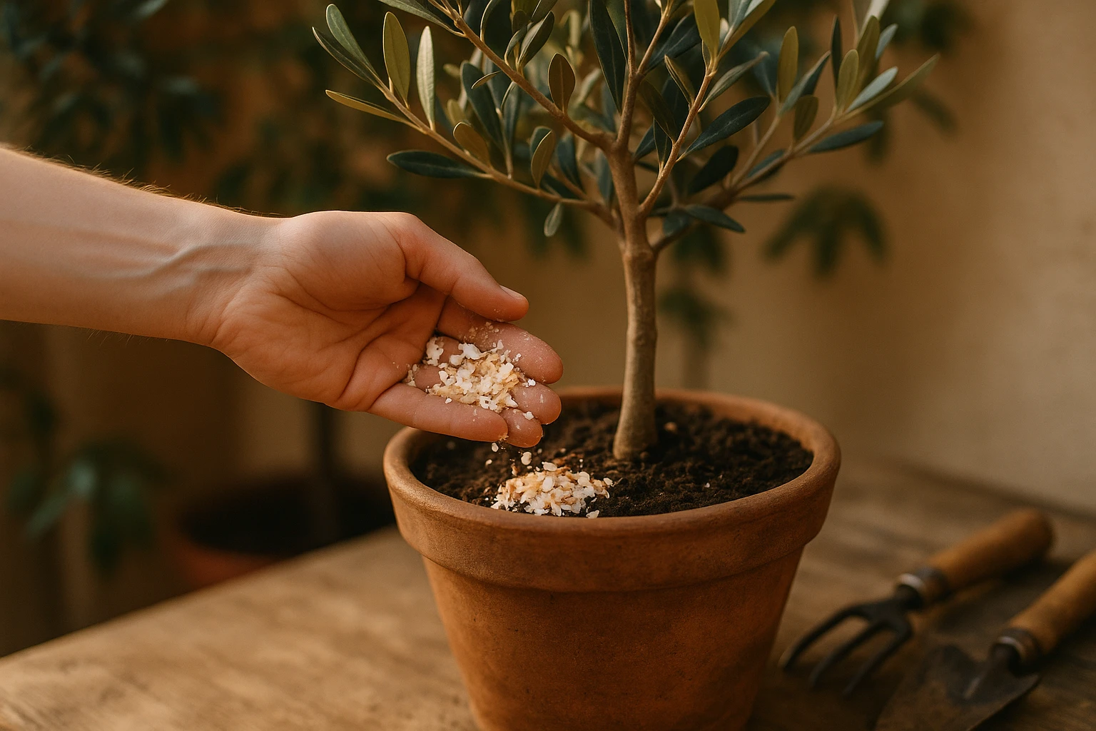 person, die eierschalen auf den olivenbaum streut