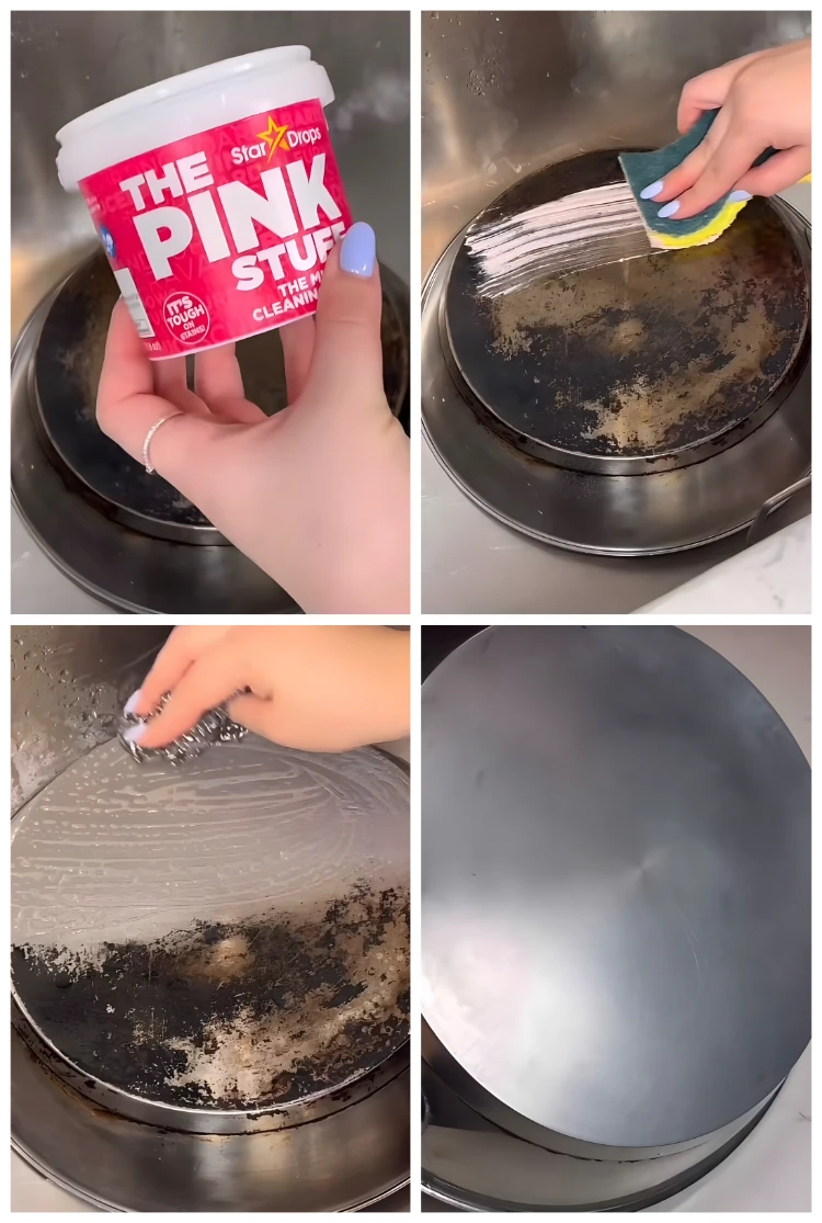 reinigung alter schmutziger töpfe mit the pink stuff paste