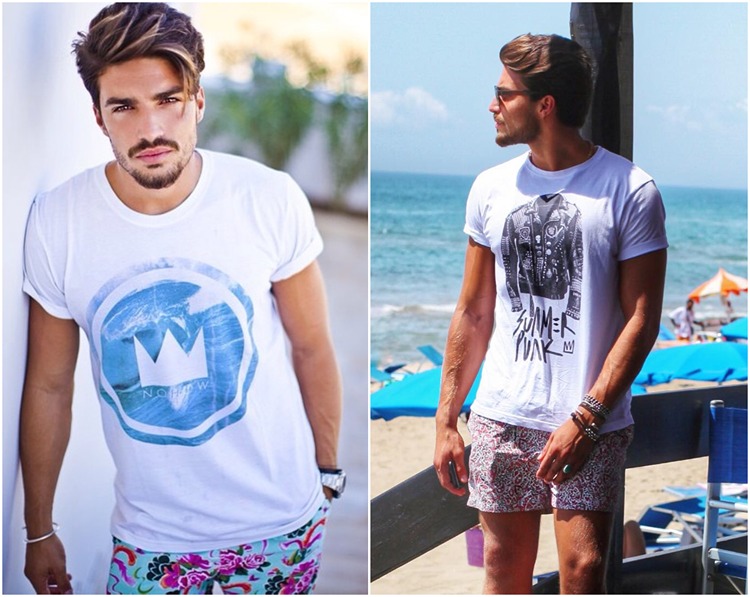 strandoutfits mit bunter badehose und weißem graphic t shirt