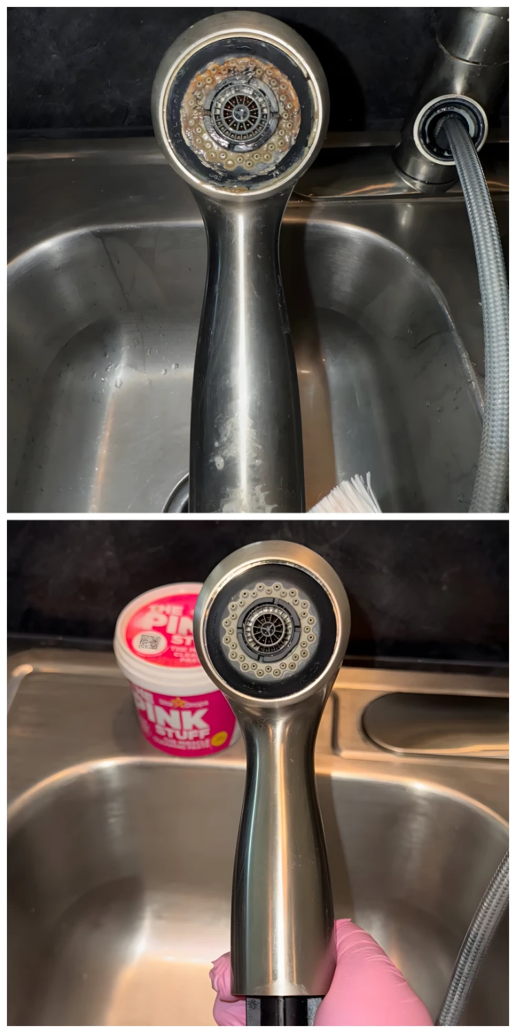 the pink stuff zur reinigung des duschkopfes vorher nachher