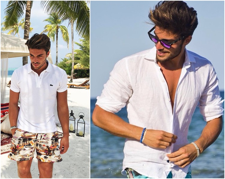 weißes polo und leinenhemd zur gemusterten badehose