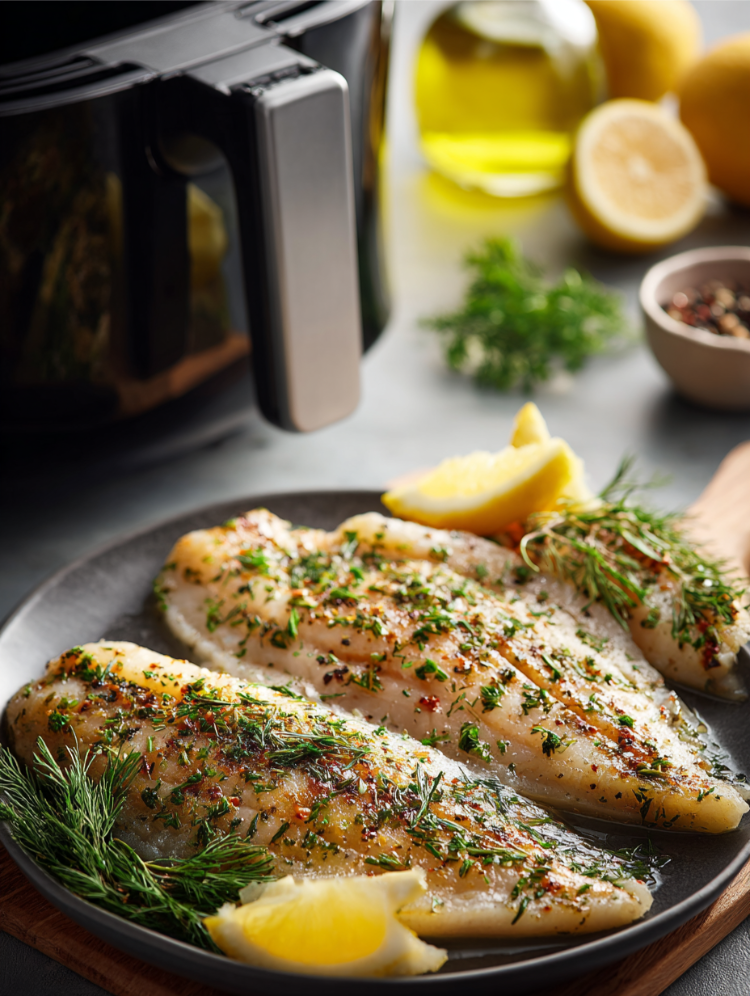 zwei scheiben rohes pangasiusfilet, vorbereitet für die zubereitung im airfryer