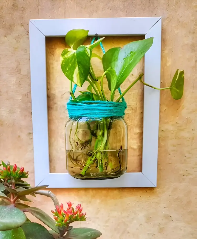 Alte Bilderrahmen upcyclen für eine Wanddeko im Garten mit Vase