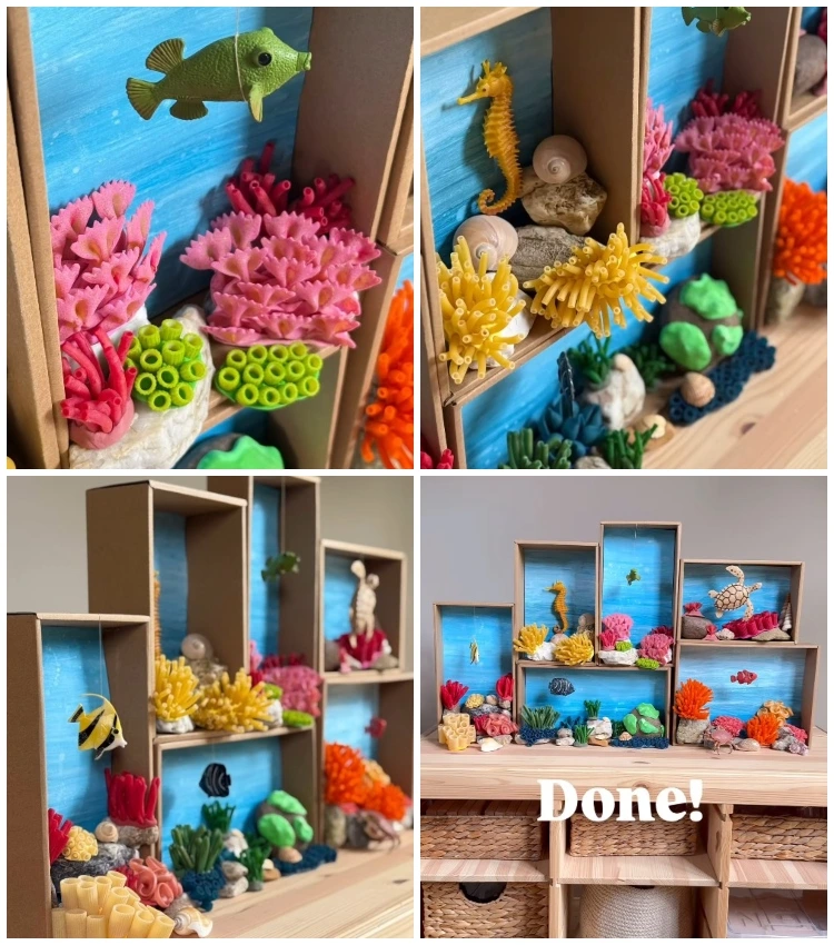 aquarium selber machen mit schachteln nudeln und farbe