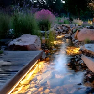 Bachlauf mit Beleuchtung am Steg in Form von LED-Streifen und Unterwasserbeleuchtung