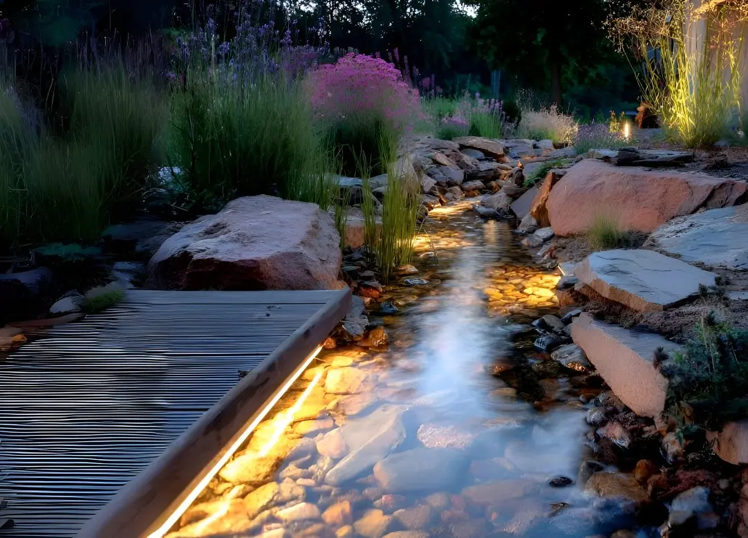 Bachlauf mit Beleuchtung am Steg in Form von LED-Streifen und Unterwasserbeleuchtung