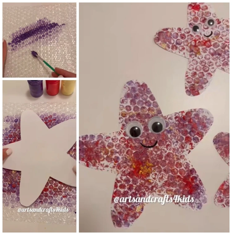 bunter seestern mit luftpolsterfolie sommer bastelidee