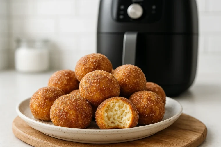fertig gebackene quarkbällchen mit zucker und zimt bestreut vor dem airfryer