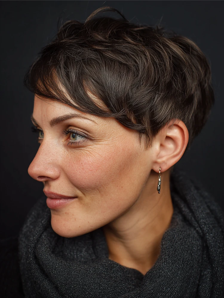frau mit asymmetrischem bowl pixie cut