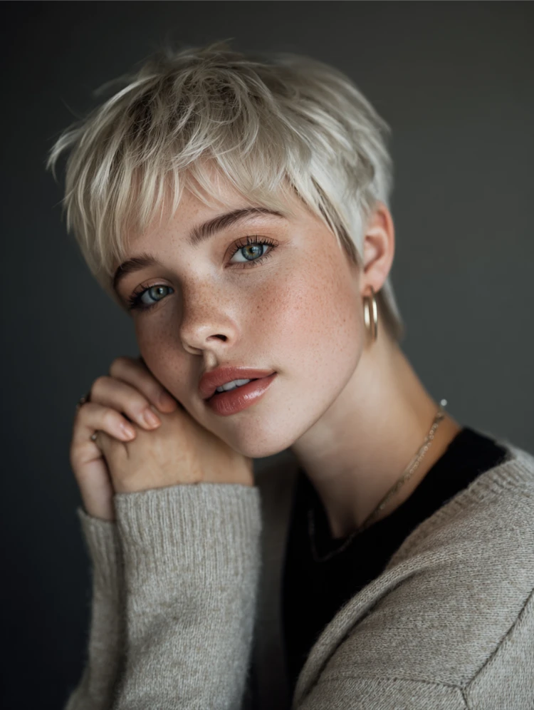 frau mit blondem haar und bowl pixie cut