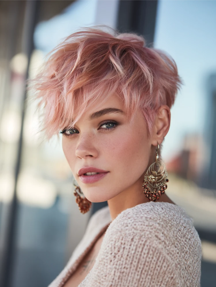 frau mit blondem rosa bowl pixie cut