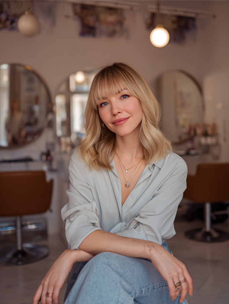 frau mit blonden haaren und einem taylor swift lob sitzt im friseursalon