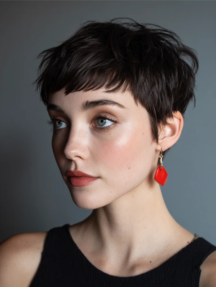 frau mit dunklem haar mit bowl pixie cut und rotem lippenstift