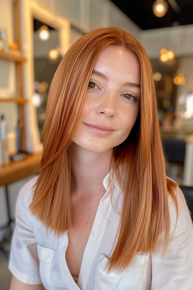 frau mit glattem langem kupferfarbenem haar mit blonden strähnchen