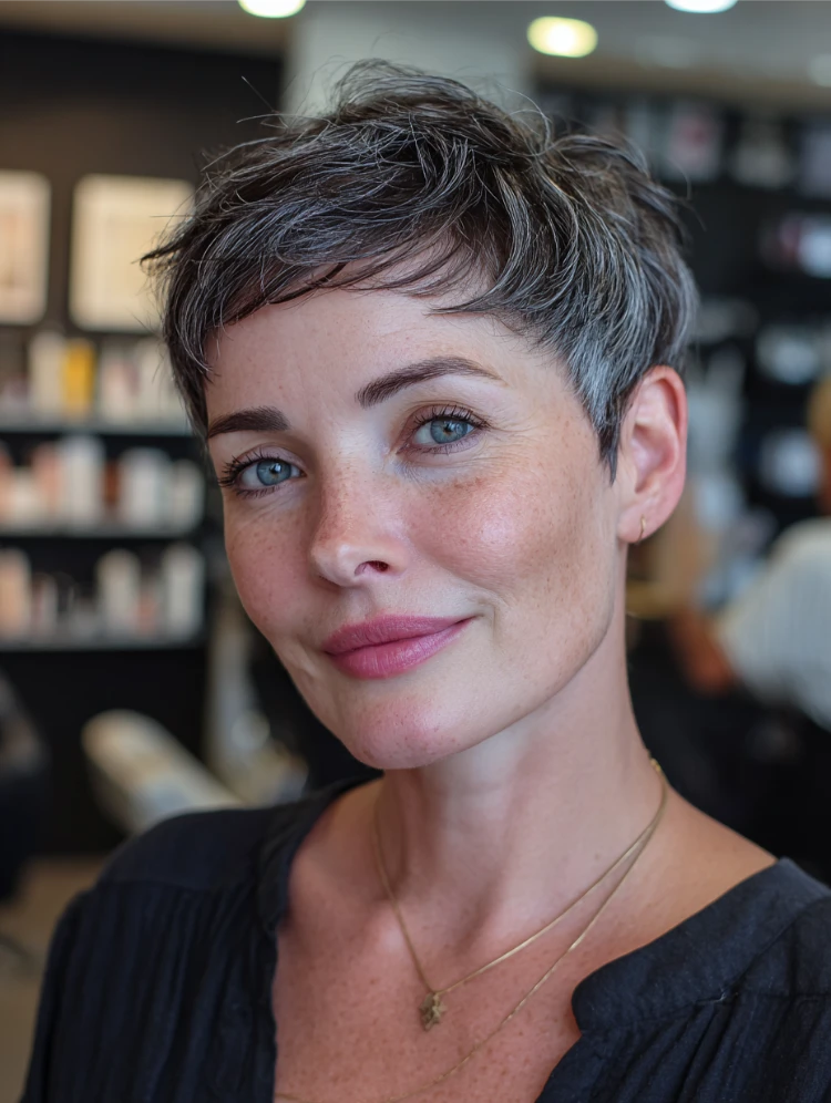 frau mit grauem haar und bowl pixie schnitt