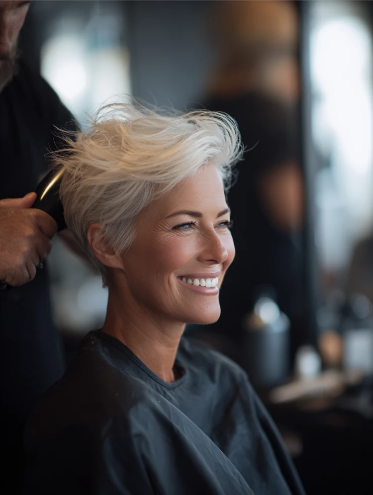 frau mit hellblondem haar mit bixie schnitt beim friseur