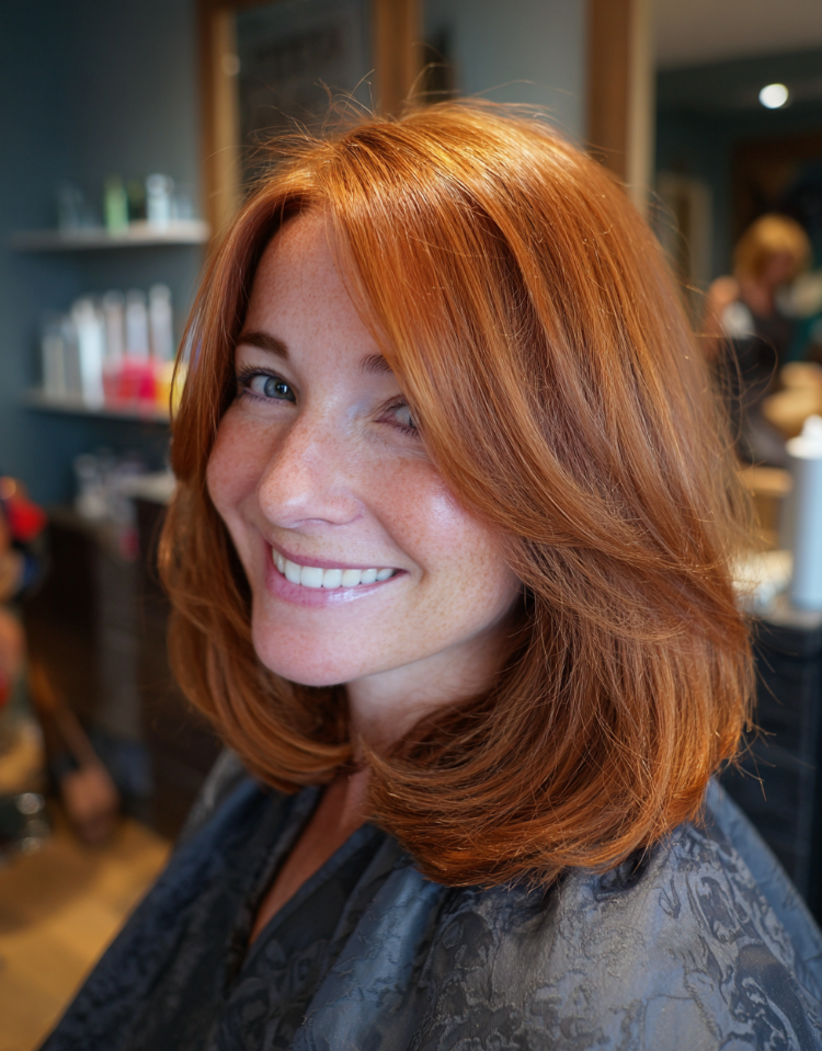 frau mit stilvollem stufenschnitt in kupfer