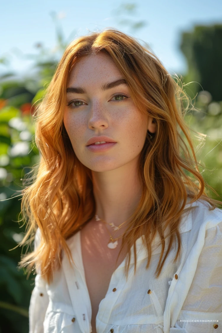 frau mit strandwellen haar in kupfer farbe mit blonden highlights