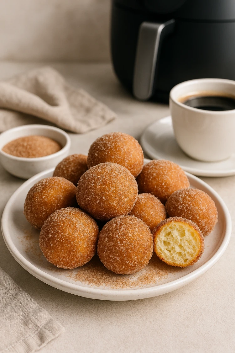 frisch gebackene quarkbällchen und kaffee vor dem airfryer