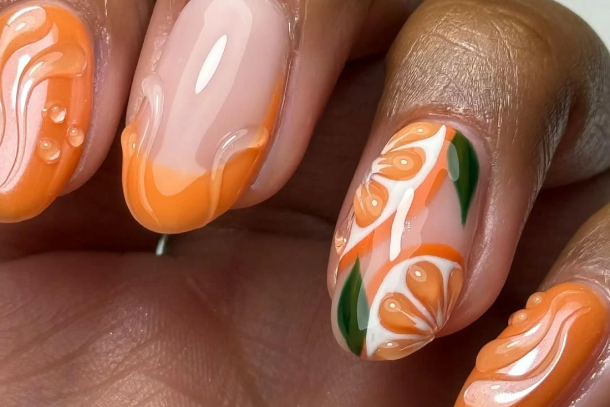 frucht nageldesign mit 3 gelstückchen orangenscheiben