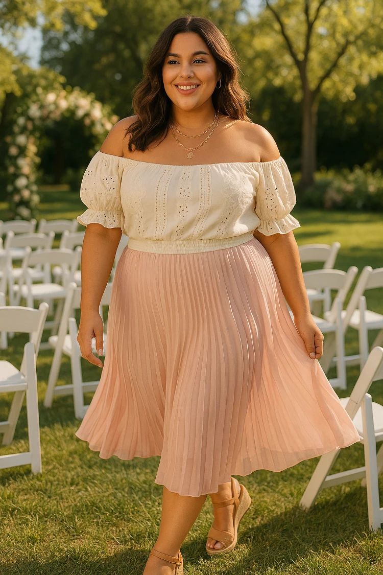 hochzeitsgast outfit mit plisseerock für mollige frauen boho romantik