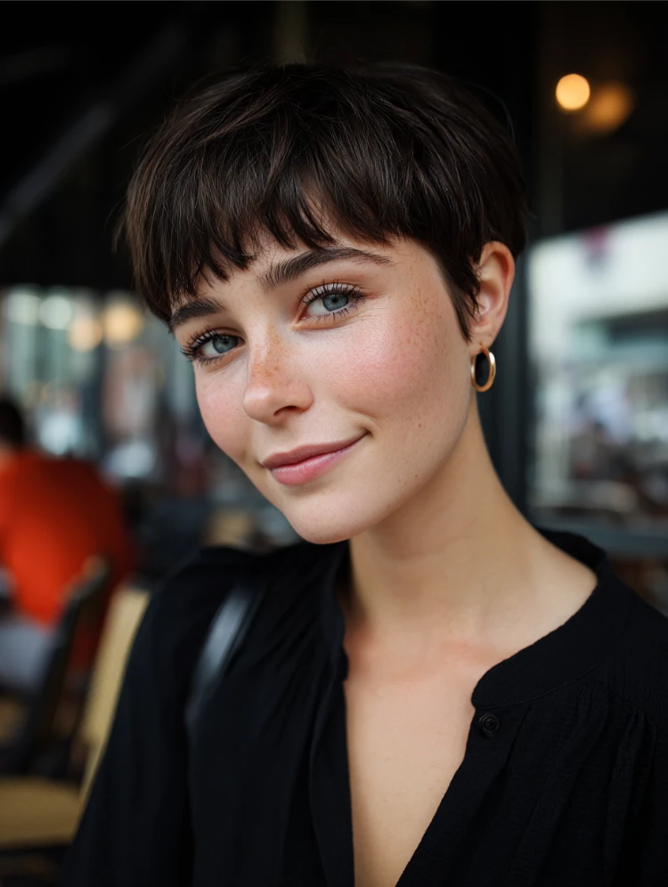 junge frau mit bowl pixie cut