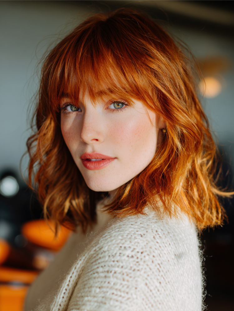 junge frau mit lob und pony in kupfer