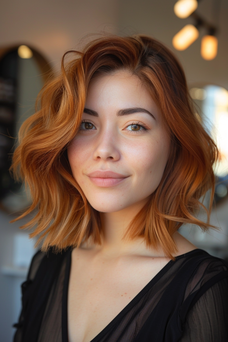 junge frau mit wavy bob in kupfer