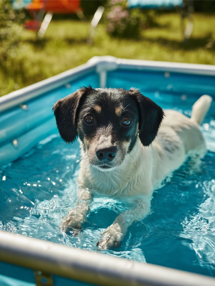 kleiner hund liegt im sommer im kinderbecken