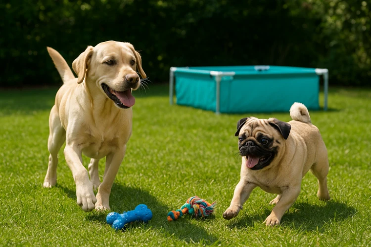 labrador und mops spielen im garten vor dem kinderbecken
