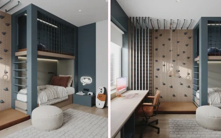 loftbett mit spielebene und netz – modernes jungenzimmer mit abenteuerfaktor