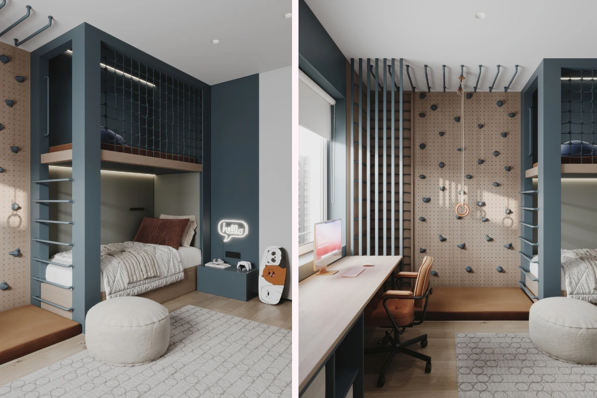 loftbett mit spielebene und netz – modernes jungenzimmer mit abenteuerfaktor