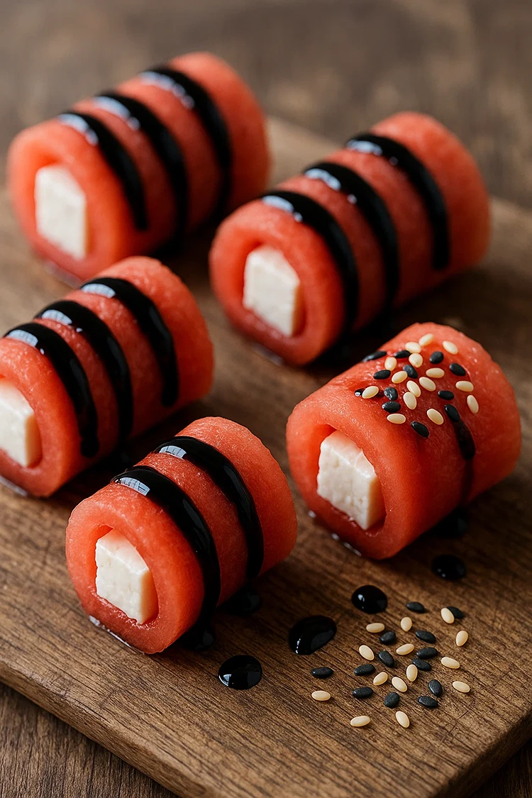 melonen sushi mit feta sesam und balsamico