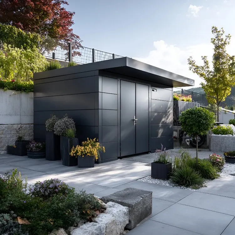 Moderner, selbstgemachter Geräteschuppen für das Gartenwerkzeug